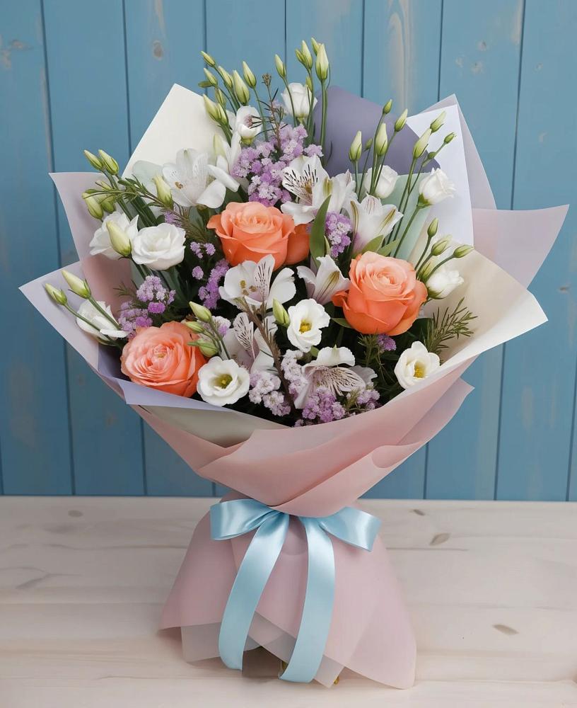 Букет цветов из: Лизиантусы, Розы, Альстромерии и Гипсофила в Таганьково