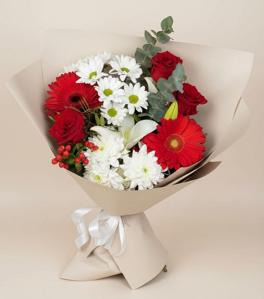 Букет цветов из: Розы, Хризантемы, Герберы и Лилии в Таганьково