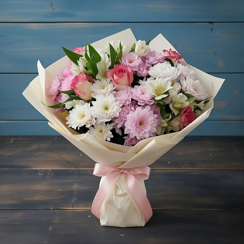 Букет цветов из: Хризантемы, Альстромерии и Розы в Таганьково